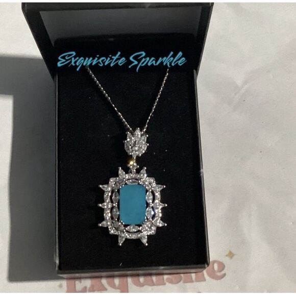 Lab Created  Paraiba Tourmaline &Zircon vintage inspired silver Pendant necklace - Picture 9 of 16